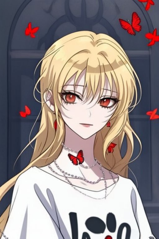 Anime, blonde hair, long eyelashes,  <lora:roxanna1:0.7>, red butterflies, t-shirted